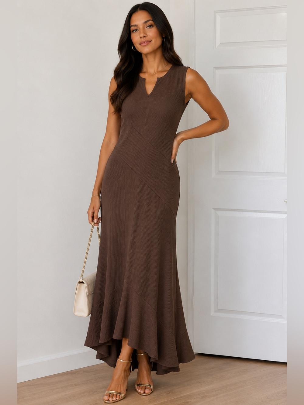 Sleeveless Brown Ribbed Maxi Dress with Flared Hem